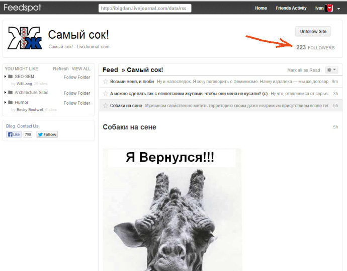 feedspot - просмотр подробностей (число подписчиков) по ленте одного сайта ibigdan.livejournal.com