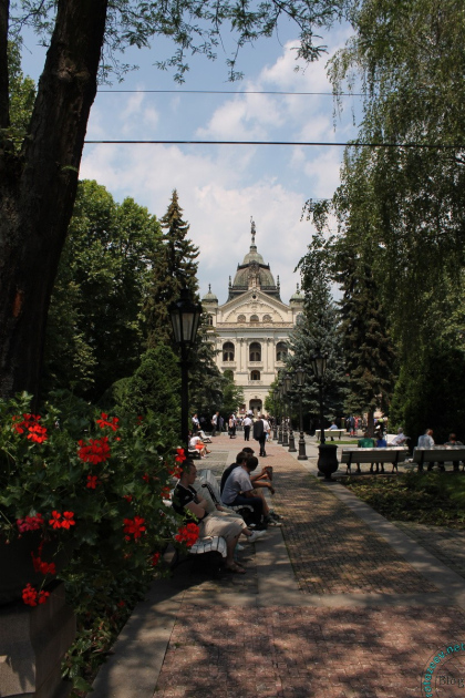 Сквер в Кошице, вдали ратуша, там свадьбы.